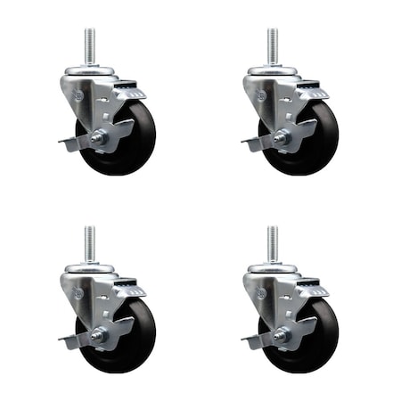 Service Caster 35 Inch Soft Rubber Wheel Swivel 58 Inch Threaded Stem Caster Set with Brake SCC SCC-TS20S3514-SRS-TLB-58212-4